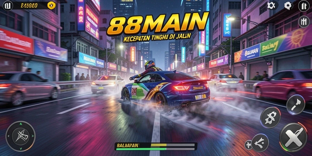 Tangkapan layar gameplay dari 88MAIN menampilkan aksi balapan seru.