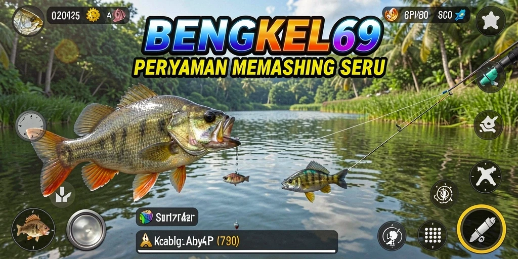Gameplay seru BENGKEL69 dengan memancing di berbagai lokasi menarik.