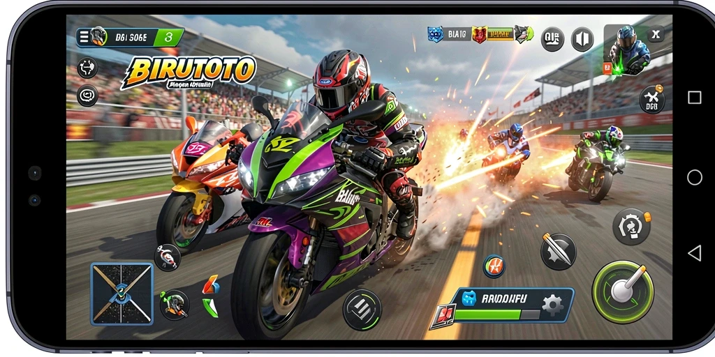 Screenshot BIRUTOTO menampilkan aksi balapan motor yang mendebarkan.