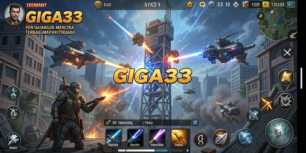 Tangkapan layar GIGA33 menampilkan aksi menara bertahan melawan gelombang musuh.