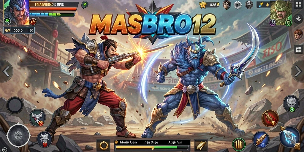 Gambaran aksi seru dalam gameplay <strong>MASBRO12</strong> dengan karakter yang bertarung.