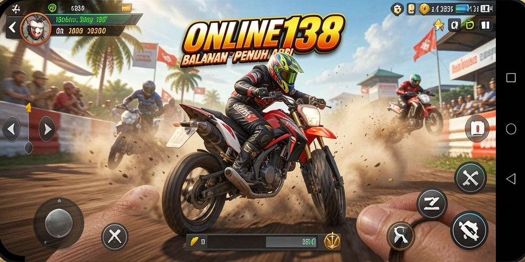 Screenshot gameplay ONLINE138 menampilkan aksi balapan motor yang seru.