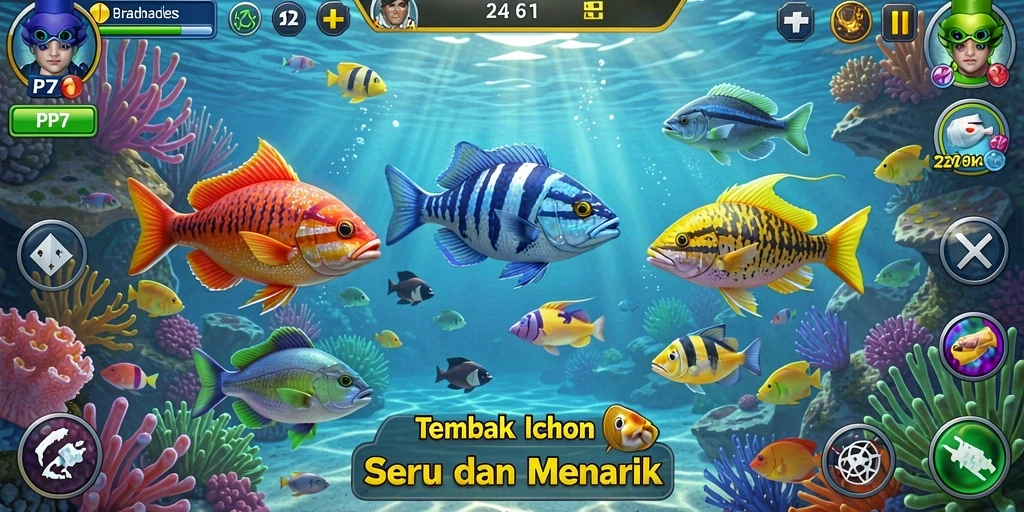 Tampilan gameplay PP7 yang seru dengan berbagai jenis ikan yang menunggu untuk ditembak.