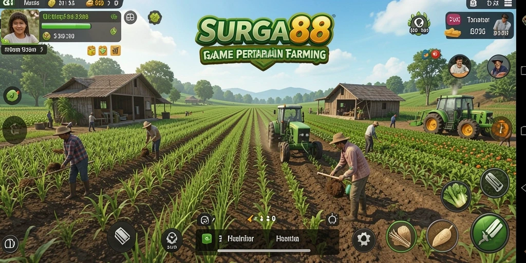 Tampilan gameplay <strong>SURGA88</strong> dengan aktivitas pertanian yang seru dan interaktif.