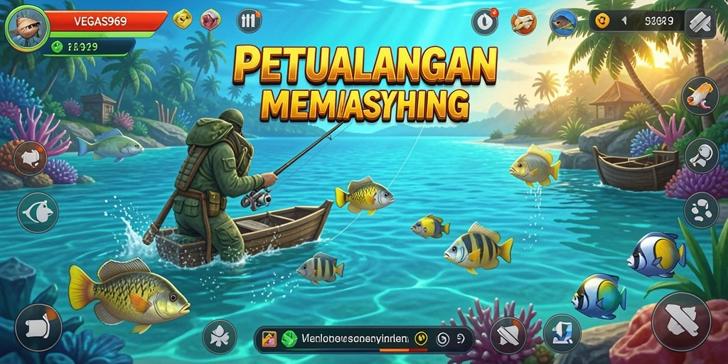 Tampilan gameplay menarik dari VEGAS969 saat memancing di danau.